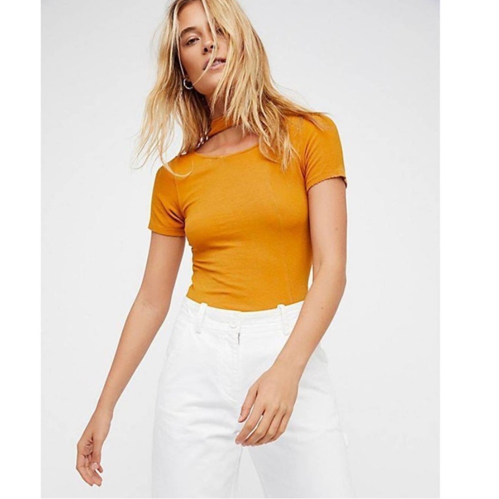 Free People Yellow Ribbed Shirt with Neck Chocker Design- Size S